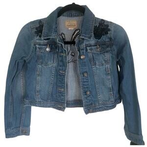Roebuck & Co. Girl's Embroidered Flowers Jean Jacket Front Pockets Medium 10/12